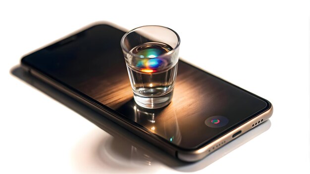 Photo smartphone with floating holographic shot glass isolated on white with ample copy space concept as a