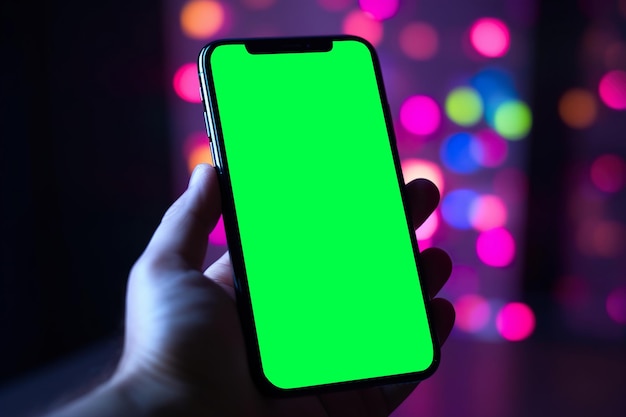 Smartphone with green chroma key screen mockup with neon lights midnight city Generative Ai