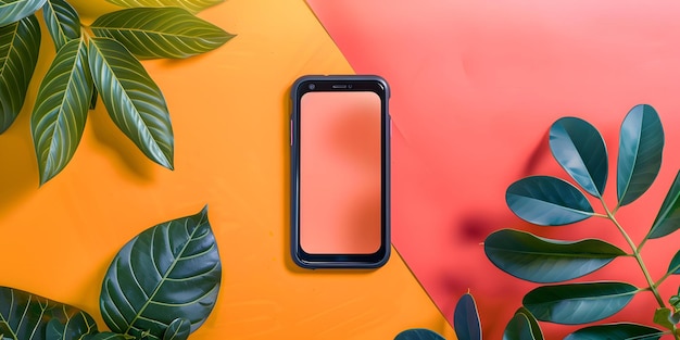 Smartphone with Green Leaves on Orange and Pink Background