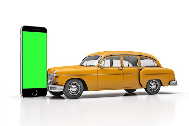 Smartphone with a green screen near a yellow taxi taxi visa concept