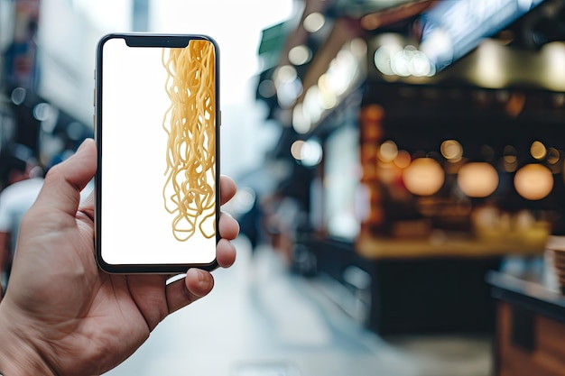 Photo smartphone with hand holding noodles