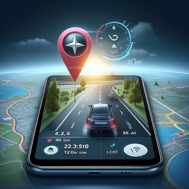 Smartphone with map 3D Map pins GPS navigator pin checking points