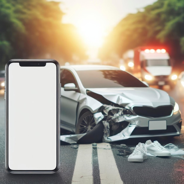 Smartphone with mockup white screen on road with car accident blured background ai generative