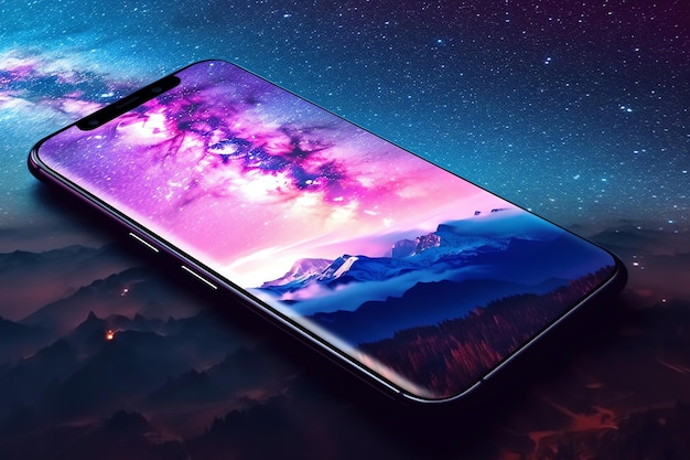 A smartphone with a purple background and a purple sky with the word galaxy on it