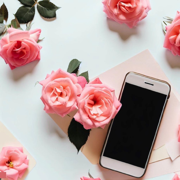 Smartphone with rose flowers flat lay AI generated