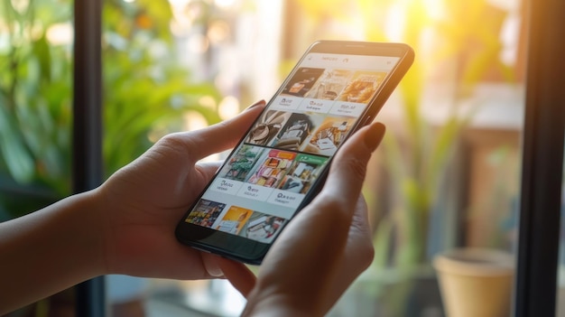 Smartphone with shopping app open and product options displayed Phone and hand exposed to natural light through window