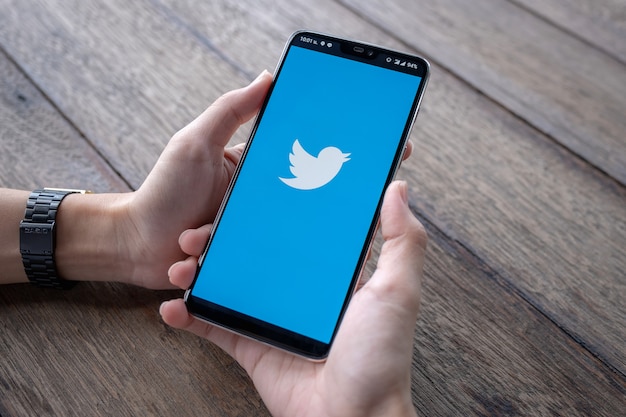 Smartphone with Twitter logo on screen. 