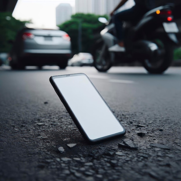 a smartphone with white screen mockup fall down on road ai generative