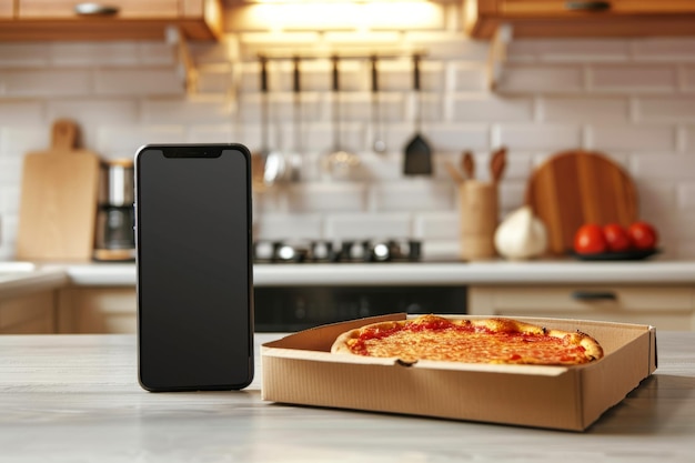 Smartphone on a wooden kitchen counter with an unbranded pizza box ready for online order