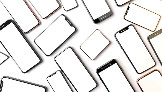 Smartphones with blank screens isolated on white collage Mockup for design