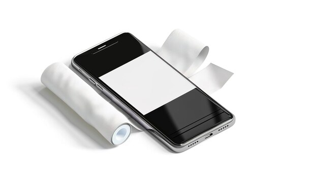 Smartphones with blank screens and roll of receipts on white background concept image for digital finance management