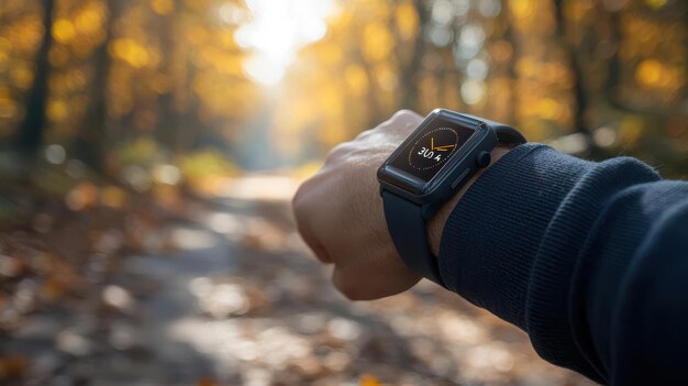 Photo smartwatch displaying fitness tracking features on a wrist during an outdoor run