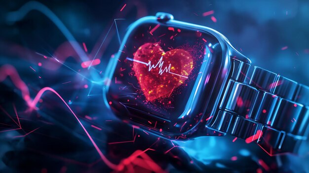 A smartwatch displaying a glowing red heart with a heartbeat pattern surrounded by dynamic light tra