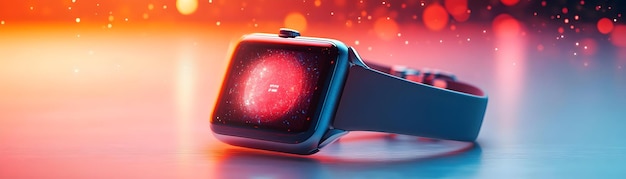 Smartwatch with Holographic Sale Banner concept as Horizontal shot of a smartwatch lying flat on a w