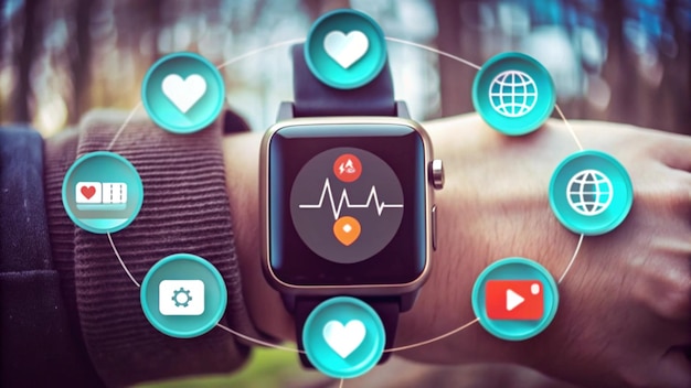 Photo smartwatch on wrist with heart rate monitor and various icons