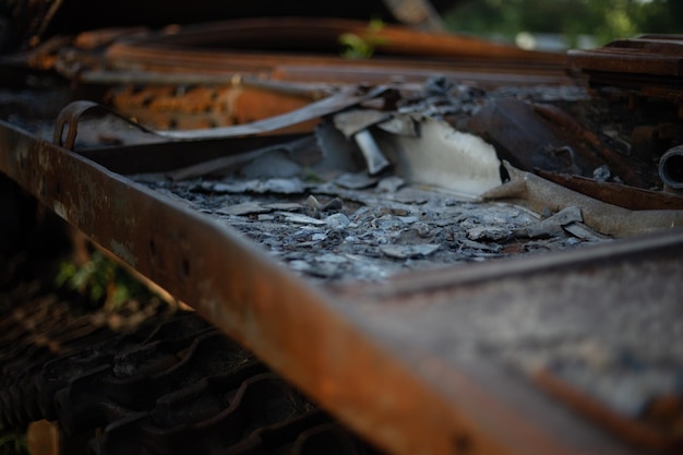 The smashed and burned modern tank of the russian army in ukraine in the war in