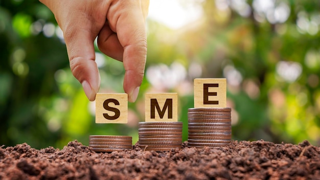 SME Startup Idea Hands puts a wooden block labeled SME on a pile of money growing from the ground