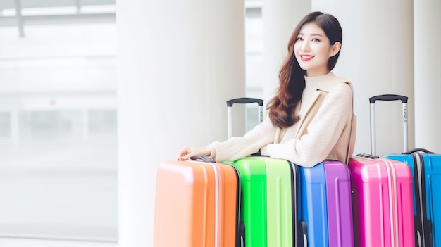 Smile Asia woman in airport with multicolored suitcases Travel concept Generative AI