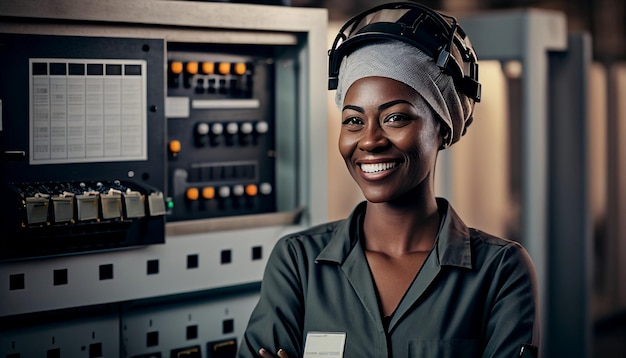 Smile black female industrial electrical engineer with a safety hardhat on her head standing in front of a control panel touching display monitor CNC machines in factory AI Generative