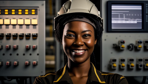 Smile black female industrial electrical engineer with a safety hardhat on her head standing in front of a control panel touching display monitor CNC machines in factory AI Generative