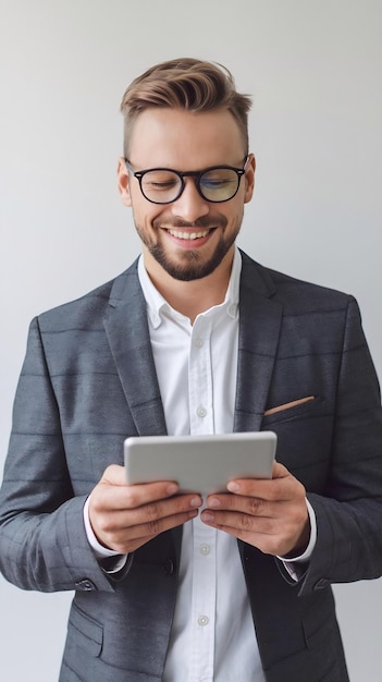 Smile portrt of businessman with tablet and in studio or white background research or marketing tec