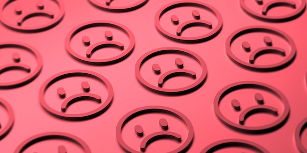 Smile of sadness Red symbols of sadness and sadness metallic banner The concept of sad and sad feelings in blur 3D render