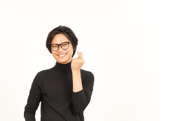 Smile and Showing Korean love finger Of Handsome Asian Man Isolated On White Background