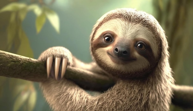 Smile sloth hanging from a tree in the forrest High quality 3d render Illustration of Sloth