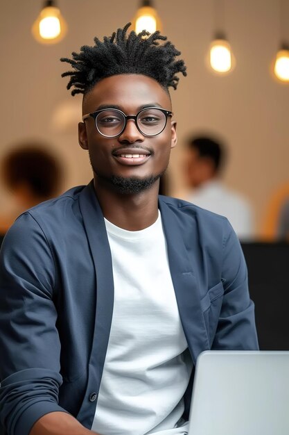 Smile young afro man with eyeglasses in coworker