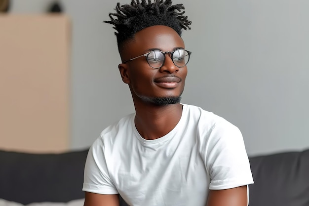 Smile young afro man with eyeglasses sitting in sofa at home