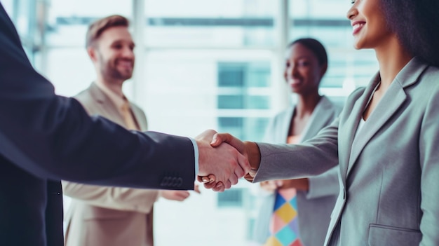 In the Smilecore Generative AI style executives shake hands with each other to honor their respective companies' accomplishments