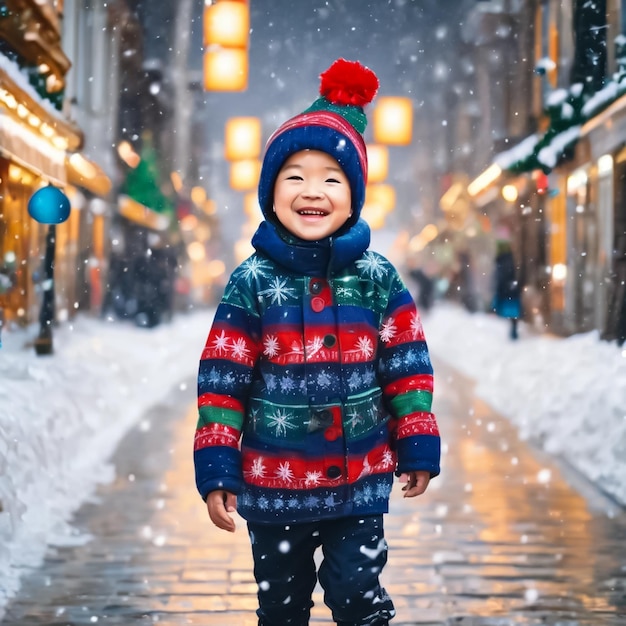 Photo a smiles boy wear a christmans clothes in a city snowing