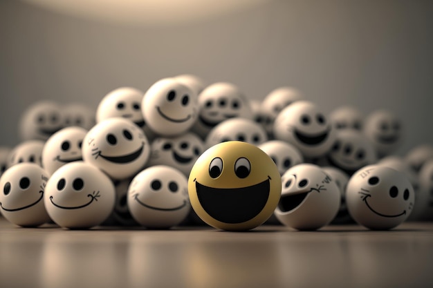 A smiley ball with a smiley face in front of a pile of white balls.