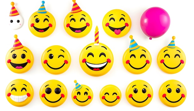 Smiley birthday emoji vector set Smileys emoticon birthday party icon collection isolated in white