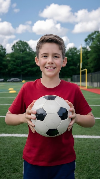 Smiley boy holding football ball