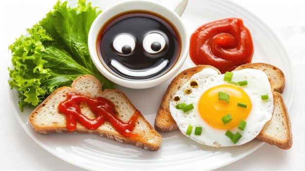 Photo smiley breakfast toast eggs and ketchup plate