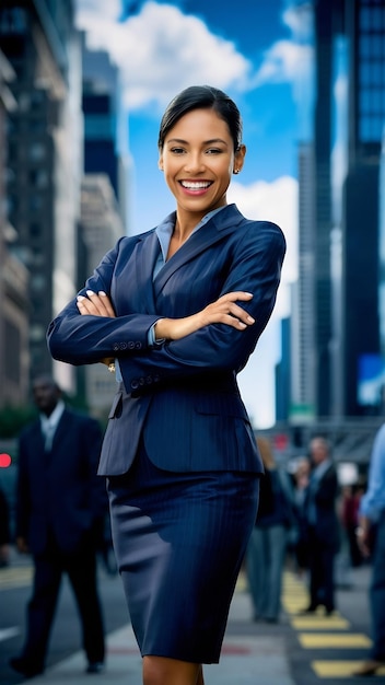 Smiley businesswoman posing in the city with arms crossed