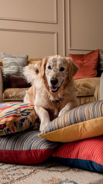 Smiley dog playing with pillows