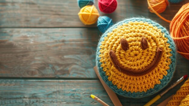 Smiley face crochet on wooden table with yarns