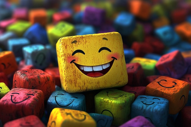 a smiley face is on a pile of colorful dice