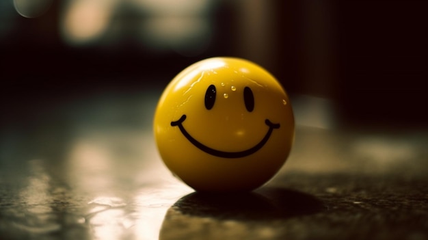 A smiley face is on a table in front of a black background.