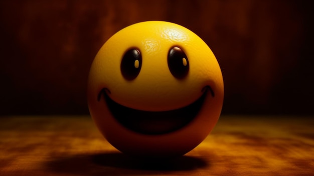 A smiley face is on a table in front of a dark background.