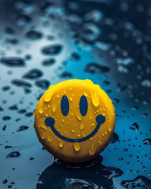 a smiley face is on a wet surface with water drops