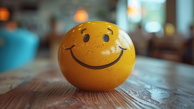 Smiley face painted onto yellow ball smiley face is seen on yellow ball