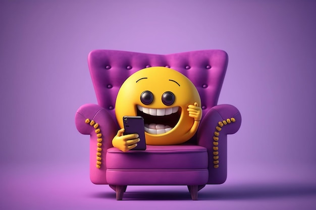 A smiley face sits on a purple chair and looks at a phone.