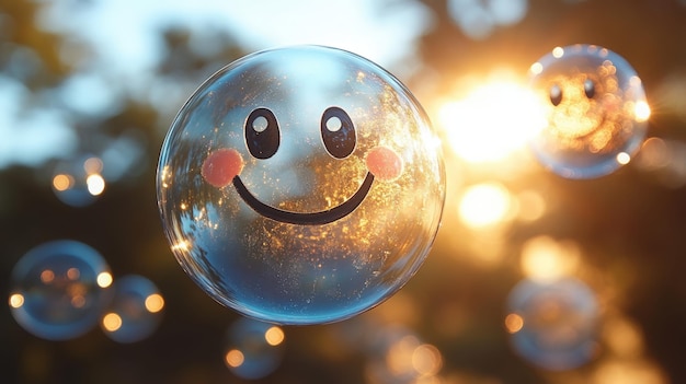 Photo smiley faces engraved on transparent bubbles illuminated by warm sunlight