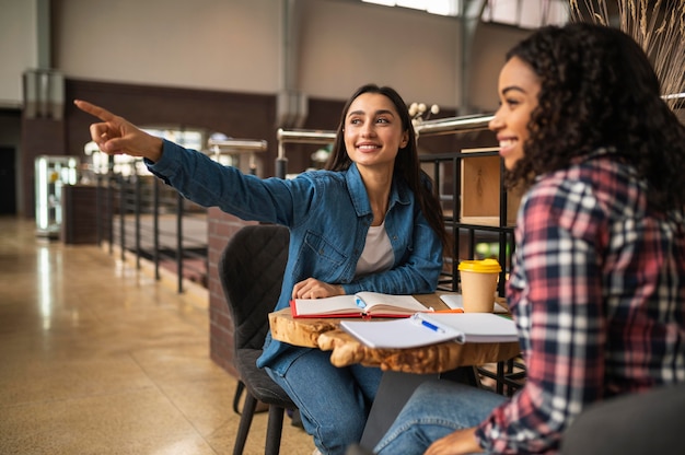 Smiley female friends together at cafe doing homework