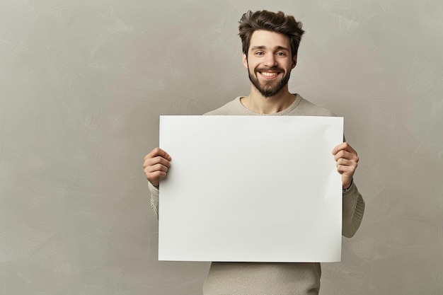 Photo smiley man holding white poster