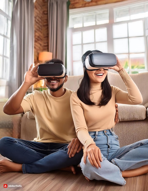 Smiley man and woman having fun at home with virtual reality headset