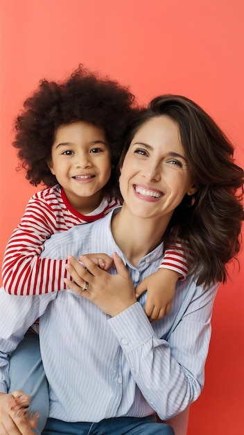 Smiley mother and kid in studio front view